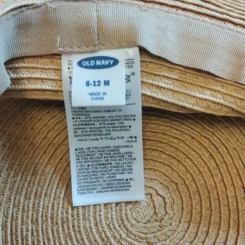 Old Navy Straw Hat 6 to 12 months baby White bow Tan Hat Sun Hat Summer Beach